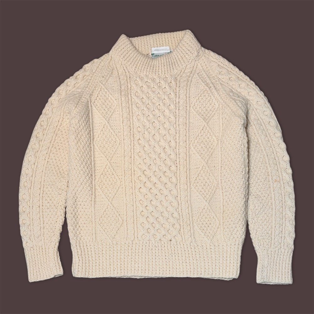 Vintage Fisherman Irish Wool Sweater Bainin Cream Carrais Aran Knit Small Men's
